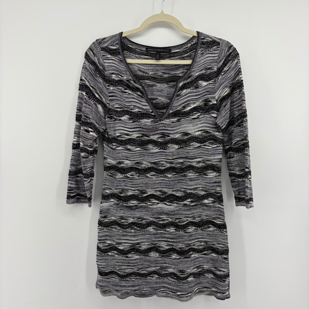 White House Black Market Womens S Grey Space Dye‎ Tunic Metallic Knit V-Neck Top